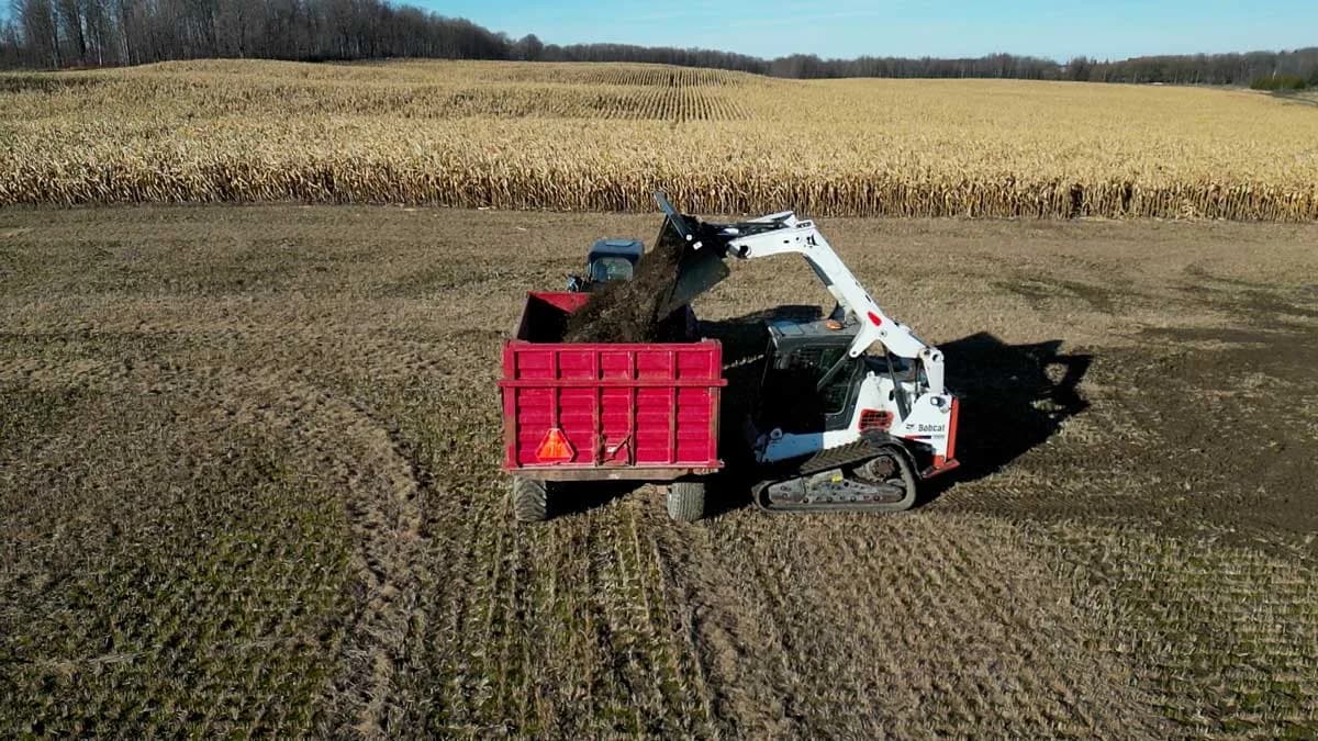 Skid steer hauling with a red dump bucket in the field